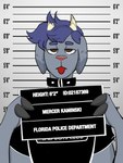 anthro black_clothing black_outline black_shirt black_topwear blue_hair broken_horn brown_eyes chart clothed clothing collar ears_down fur grey_body grey_fur hair height_chart hooves horn id_card imprisoned looking_at_viewer male mugshot outline pivoted_ears prison prisoner prisoner_id pupils red_nose serious_face shirt slit_pupils solo spiked_collar spikes spots spotted_ears standing text tongue tongue_out topwear unknown_artist florida_police_department mercer_kaminski_(king_pangolin) bovid bovine caprine goat mammal 3:4 digital_media_(artwork) english_text half-length_portrait hi_res portrait