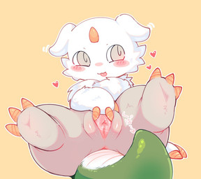 1_horn anus blep blush cheek_tuft chest_tuft claws clitoral_hood clitoris facial_tuft female feral front_view genitals horn inner_labia leaning leaning_backward looking_aside outline paws presenting presenting_vulva quadruped simple_background solo spread_vulva spreading tongue tongue_out tuft urethra vulva white_outline yellow_background yellow_claws yellow_horn kirichiiii chiikawa anoko_(chiikawa) chimera 2026 digital_drawing_(artwork) digital_media_(artwork)
