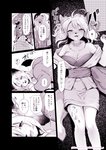 2017 5_fingers anthro bathrobe big_breasts blush breasts cjk_character cleavage clothed clothing comic domestic_pig duo felid feline female fingers japanese_text kemono kiichi looking_at_viewer lying male male/female mammal monochrome robe suid suina sus_(pig) text whiskers