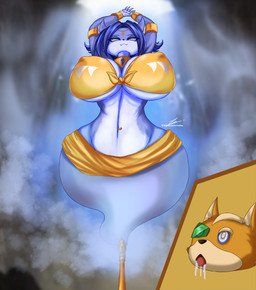 anthro bangle big_breasts blue_body blue_eyes blue_fur blue_hair blurred_background bodily_fluids bra bracelet breasts choker circlet cleavage clothed clothing drooling female fur gem hair huge_breasts hypnosis jewelry looking_at_viewer looking_down looking_up low-angle_view male mind_control multicolored_body multicolored_fur navel navel_piercing necklace nipple_outline orange_body orange_fur piercing red_tongue ruby_(gem) saliva sapphire_(gem) scouter simple_background skimpy smile tan_background tan_body tan_fur tongue tongue_out topwear two_tone_body two_tone_fur underwear wide_hips yellow_clothing fenrox nintendo star_fox fox_mccloud krystal_(star_fox) canid canine fox genie mammal hi_res