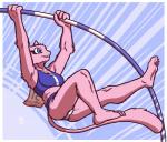 2019 3_toes 4_fingers absurd_res anthro athletic athletic_anthro athletic_female barefoot blue_eyes border bra breasts claws clothed clothing feet felid female fingers fur generation_1_pokemon hi_res legendary_pokemon mammal megawolf77 mew_(pokemon) nintendo pink_body pink_fur pink_tail plantigrade pokemon pokemon_(species) soles solo sports_bra sports_panties tail teeth toes underwear white_border