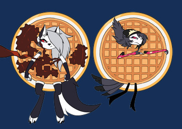 anthro clothing costume dinner_plate duo female food food_costume waffle waffle_costume minum hellaverse helluva_boss mythology loona_(helluva_boss) octavia_(helluva_boss) canid canid_demon canine demon goetia hellhound mammal mythological_canine mythological_creature absurd_res alpha_channel hi_res