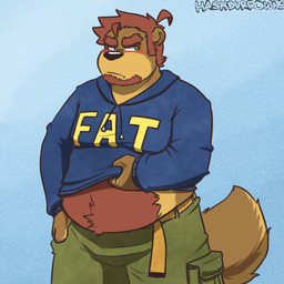 anthro belly black_nose blush bottomwear brown_body brown_fur clothing fur hoodie humanoid_hands male overweight overweight_male pants simple_background solo text text_on_clothing text_on_hoodie text_on_topwear topwear hashburrowns fat_hoodie meme_clothing ryan_reid bear mammal 1:1 2015 meme
