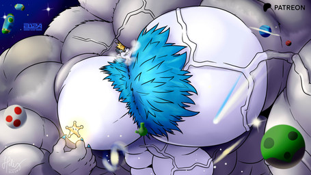 abs anthro big_muscles big_pecs blonde_hair blue_body blue_fur fluffy fluffy_chest fur galactic_scale galaxy grey_body grey_fur growth hair huge_muscles huge_pecs hyper hyper_biceps hyper_muscles hyper_pecs hyper_triceps male muscle_growth muscular pecs planet smile solo vein veiny_muscles white_body white_fur b12a freazzy grand_star canid canine canis mammal wolf hi_res
