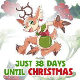 anthro brown_body brown_fur clothing cloven_hooves eyebrows eyelashes female fur green_eyes holly_(plant) hooves inner_ear_fluff open_mouth open_smile plant smile solo sonic_adventure_pose tan_body tan_fur text tuft drawligator renata_(drawligator) deer mammal new_world_deer reindeer 1:1 2025 english_text hi_res
