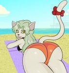 anthro beach bow_(feature) bubble_butt butt camel_toe clothing cloud female hair looking_back lying raised_tail sand sea seaside sky solo swimwear tail teeth towel water blackmore tenchi_muyo tenchi_muyo_gxp elma_(tenchi_muyo) alien felid feline mammal wau absurd_res hi_res