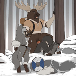 ambiguous_penetration anthro anthro_on_anthro anthro_penetrated anthro_penetrating anthro_penetrating_anthro antlers axe backpack bent_over bodily_fluids bottomless breasts brown_body brown_fur clothed clothing cum cum_inside erection female female_penetrated fingerless_gloves footwear fur genital_fluids genitals gloves grey_body grey_fur group handwear horn humanoid_genitalia humanoid_penis male male/female male_penetrating male_penetrating_female nature nipples nude open_mouth outside penetration penis plant predator/prey sex shield snow toeless_footwear tree trio winter jishinu canid canine canis deer mammal moose new_world_deer wolf hi_res