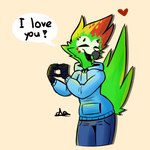 anthro beak clothed clothing dialogue excited feathers fingers green_body green_feathers happy heart_symbol hoodie male positive_message solo text topwear ara_squawks ara_(ara_squawks) avian bird macaw neotropical_parrot parrot true_parrot 1:1 2023 digital_media_(artwork) english_text hi_res shaded