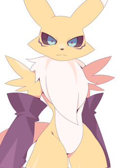 ambiguous_gender anthro arm_tuft armwear blue_eyes bridal_gauntlets chest_tuft clothing shoulder_tuft simple_background slim solo tuft white_background yellow_body rullu_1507 bandai_namco digimon canid digimon_(species) mammal renamon 2025 digital_media_(artwork) hi_res