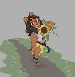 anthro brown_body brown_fur brown_hair eyewear female flower fur glasses grass grey_background hair holding_flower holding_object holding_sunflower looking_at_viewer navel pawpads plant red_eyewear red_glasses simple_background smile solo yellow_clothes cinnamimi samantha_(cinnamimi) bear mammal 2025 absurd_res digital_media_(artwork) hi_res