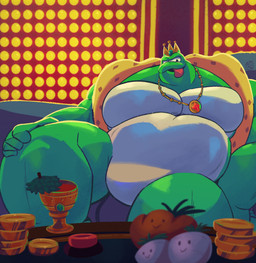 anthro big_muscles cloak cloak_only clothing crown crown_only featureless_crotch food headgear headgear_only jewelry male musclegut muscular necklace necklace_only nude overweight overweight_anthro overweight_male plant solo tongue tongue_out vegetable jasperthecrab mario_bros nintendo the_super_mario_galaxy_movie wart_(mario) amphibian frog hi_res