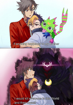 anthro brown_hair cloak clothing evolution_(transformation) evolutionary_family glowing glowing_eyes group hair hug humor male menacing_aura purple_hair text transformation trio st14_kr010 bandai_namco digimon digimon_beatbreak asuka_tenma tomoro_tenma atratusmon digimon_(species) gekkomon human mammal english_text hi_res meme