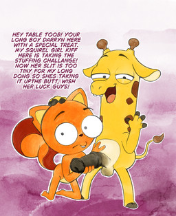 age_difference animal_genitalia animal_penis anthro balls big_penis blush dialogue duo equine_genitalia equine_penis erection female genitals holding_penis kneeling looking_at_viewer male nervous nude open_mouth penis smile tail text young young_anthro young_female drockdraw disney kiff_(series) darryn_gherkinheim kiff_chatterley giraffe giraffid mammal rodent sciurid tree_squirrel 2026 english_text hi_res