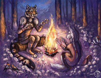 5_fingers amber_eyes ambiguous_gender anthro black_body black_eyes black_feathers black_fur black_nose black_stripes black_tail_tip braided_hair clothed clothing day detailed_background detailed_fur digitigrade dipstick_tail duo_focus feathered_wings feathers feet feral fingers fire fluffy fluffy_tail forest fur group hair handpaw hindpaw inner_ear_fluff long_hair long_mouth looking_away looking_forward markings mountain multicolored_body multicolored_feathers multicolored_tail nature night no_sclera orange_body orange_feathers orange_fur outside pawpads paws pink_nose pink_pawpads plant semi-anthro shadow sitting snout snow striped_body striped_fur striped_markings striped_tail stripes tail tail_markings tan_body tan_feathers tree tuft whiskers white_body white_feathers white_fur white_hair wings flashw hunter_(soriac) leika_(soriac) avian bird canid canine canis domestic_dog felid mammal nordic_sled_dog pantherine samoyed spitz tiger 2017 detailed digital_media_(artwork)