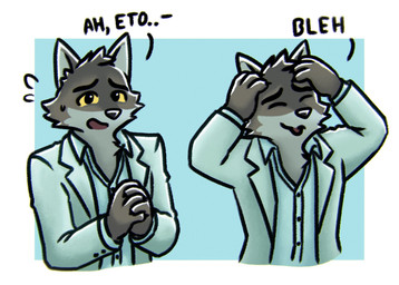 anthro biped black_nose blep blue_background blue_clothing blue_shirt blue_topwear bodily_fluids clasped_hands clothed clothing collared_shirt eyes_closed fur grey_body grey_fur hand_on_head looking_at_viewer male multiple_expressions multiple_poses nervous open_clothing open_mouth open_shirt open_topwear pose shirt simple_background smile solo suit suit_jacket sweat sweatdrop text tongue tongue_out topwear white_body white_clothing white_fur white_suit yellow_eyes justwolpi ah_eto..._bleh! dreamworks the_bad_guys mr._wolf_(the_bad_guys) canid canine canis mammal wolf 2026 absurd_res digital_drawing_(artwork) digital_media_(artwork) english_text hi_res