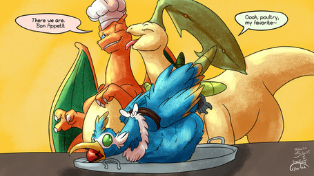 abdominal_bulge avian_feet beak blue_body chef_hat clothing eyes_closed facial_markings feathered_crest feathered_wings feathers feet feral feral_pred feral_prey green_eyes hat head_crest head_markings headgear headwear male male_pred male_prey markings mask_(marking) membrane_(anatomy) preparation tail tail_feathers toes vore webbed_feet white_markings wings yellow_markings gyrotech silent_e nintendo pokemon falvev_(pearion) fan_character thunk_(gyro) avian bayleef charizard cramorant generation_1_pokemon generation_2_pokemon generation_8_pokemon pokemon_(species) 16:9 hi_res widescreen