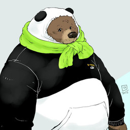 anthro belly biped brown_body brown_fur brown_nose clothing fur hoodie humanoid_hands kemono overweight scarf simple_background solo topwear conoji bear giant_panda mammal 1:1 2015
