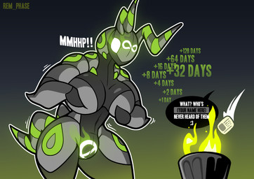 anthro big_breasts black_latex breast_fondling breast_play breasts clothing dialogue drone fire fondling glowing glowing_eyes green_latex grey_latex gynomorph hand_on_breast id_card infinity_symbol intersex latex latex_clothing latex_skinsuit long_term_chastity null_bulge null_symbol skinsuit solo speech_bubble symbol tail text tight_clothing wide_hips rem_phase nintendo pokemon generation_5_pokemon pokemon_(species) scolipede 2026 absurd_res digital_media_(artwork) english_text hi_res