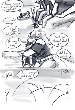 ambiguous_gender anthro bed blush dialogue female feral fluffy fluffy_tail furniture group hug machine male on_bed sitting sitting_on_bed tail tail_motion tailwag text trio ravid_anml ghirr_firewire_mertens_(ravid_anml) nora_seulis_(ravid_anml) tobias_hecaucatl_(ravid_anml) american_opossum canid canine canis mammal marsupial protogen wolf absurd_res comic english_text hi_res