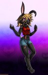 anthro blind_eye blonde_hair blue_eyes bottomwear breasts clothing denim denim_clothing female hair inner_ear_fluff midriff navel notched_ear open_mouth pants scar shirt shorts solo topwear tuft viroveteruscy if_hell_had_a_taste blake_sinclair lagomorph leporid mammal rabbit absurd_res digital_media_(artwork) hi_res