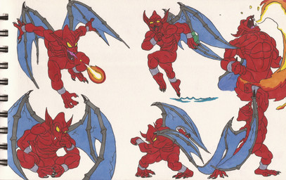 anklet bracelet breath_powers elemental_manipulation empty_eyes featureless_chest featureless_crotch fire fire_breathing fire_manipulation humanoid_pointy_ears jewelry male membrane_(anatomy) membranous_wings nude pointy_ears red_body solo wings alexbaxthedarkside capcom demon's_crest gargoyle's_quest ghosts_'n_goblins firebrand demon gargoyle red_arremer hi_res traditional_media_(artwork)