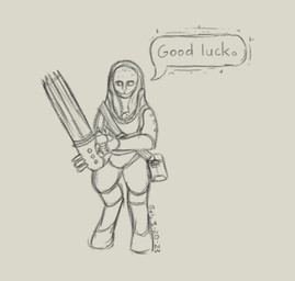 7_fingers anthro armor bag bald clothed clothing female fingers floppy_ears full_armor fully_clothed laser_gun long_ears looking_aside machine power_armor ranged_weapon satchel simple_background smile solo space_helmet stubble text weapon babbage mora_(babbage) alien niln 2023 dated digital_drawing_(artwork) digital_media_(artwork) english_text low_res signature sketch