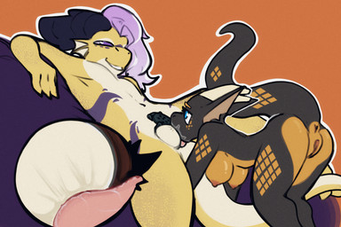 abstract_background anthro anus areola ball_lick ball_suck balls big_breasts black_body breasts chastity_cage chastity_cage_only chastity_device chastity_device_only dominant dominant_in_chastity duo female female_penetrated femboy flat_chastity_cage genitals hair hanging_breasts head_down_ass_up horn larger_male licking lying male male/female male_penetrating male_penetrating_female markings navel nipples non-mammal_balls non-mammal_breasts non-mammal_hair non-mammal_navel non-mammal_nipples non-mammal_vulva nude on_back oral penetration pink_hair sex size_difference smaller_female smaller_penetrated smile sucking tail tongue vulva wearing_chastity_cage wearing_chastity_device yellow_body zoom_in dep mythology klank_(spark.kobbo) mikk_alvella_(zettra_thorn) dragon kobold mythological_creature mythological_scalie scalie hi_res