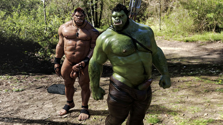 abs balls beard big_muscles black_hair bodily_fluids body_hair bulge chest_hair clothed clothing duo erection facial_hair facial_piercing fist genital_fluids genitals green_body green_skin hair holding_penis humanoid_genitalia humanoid_penis humanoid_pointy_ears jewelry looking_at_another male muscular muscular_male navel necklace nipples nose_piercing nose_ring not_furry nude nude_humanoid nude_male outside pecs penis penis_poking_out piercing pointy_ears precum ring_piercing short_hair standing topless topless_humanoid topless_male tusks ad-games hark'zin_(ad-games) kurdan_(ad-games) humanoid orc 16:9 2017 3d_(artwork) digital_media_(artwork) story story_at_source story_in_description widescreen