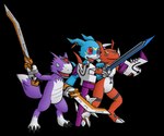 blue_body fur group melee_weapon multicolored_body purple_body purple_fur red_body red_eyes sword trio two_tone_body weapon white_body white_fur yellow_eyes finalsorariku bandai_namco digimon digimon_world digimon_world_4 digimon_(species) dorumon guilmon veemon x-digimon 6:5 absurd_res alpha_channel hi_res