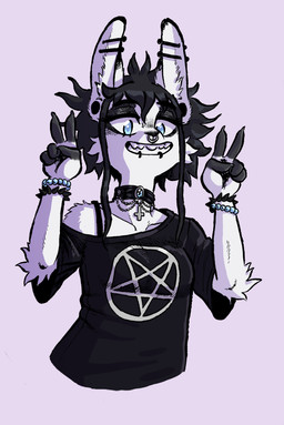 alternative_fashion anthro black_clothing black_hair black_shirt black_topwear blue_eyes bracelet choker clothing cross ear_piercing eyeliner facial_piercing female fur gesture goth grin hair hand_gesture industrial_piercing inverted_cross inverted_pentagram jewelry lip_piercing looking_at_viewer makeup necklace nose_piercing nose_ring occult_symbol pentagram piercing ring_piercing shirt simple_background smile snakebite_piercing solo symbol t-shirt topwear v_sign white_body white_fur gutter-bunny alexis_(gutter-bunny) lagomorph mammal 2018 absurd_res half-length_portrait hi_res portrait trans_(lore) trans_woman_(lore)