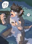 ?! anthro big_pupils black_nose bodily_fluids brown_body brown_fur brown_hair cheek_tuft chest_tuft claw_growth claws countershade_torso countershading crotch_tuft dilated_pupils ear_growth facial_tuft fangs finger_claws fur fur_growth grass growth hair human_to_anthro inner_ear_fluff kneeling male mid_transformation open_mouth orange_eyes plant pupils short_hair snout snout_growth solo species_transformation speech_bubble sweat tail tail_growth tears teeth text tongue transformation tuft white_body white_fur yakumomidori1 canid canine canis human mammal wolf absurd_res hi_res japanese_text shaded