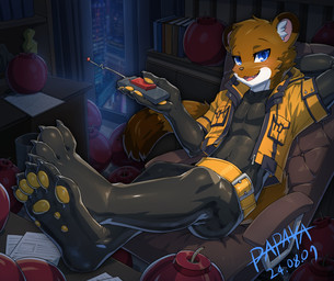 anthro blue_eyes brown_body brown_fur clothed clothing controller fur glistening glistening_eyes holding_controller holding_object holding_remote_control inside latex latex_clothing latex_skinsuit looking_at_viewer male open_mouth open_smile pawpads reclining remote_control skinsuit smile solo tight_clothing whiskers white_body white_fur yellow_pawpads papayafurry mammal mustelid otter 2024 dated hi_res signature