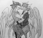 anthro anthro_on_anthro clothed clothing duo eyes_closed hair male male/male open_mouth simple_background tongue white_background wings nameless00 clei windragon close_(disambiguation) greyscale monochrome traditional_media_(artwork)