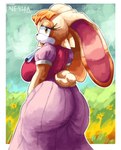 anthro butt butt_focus clothing dress ears_down female fur looking_at_viewer mature_female orange_body orange_fur pivoted_ears rear_view scenery solo tail neshaink sega sonic_the_hedgehog_(series) vanilla_the_rabbit lagomorph leporid mammal rabbit absurd_res half-length_portrait hi_res portrait