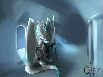 4_toes ambiguous_gender armor feet feral fur_clothing hallway horn light light_beam looking_at_viewer melee_weapon night polearm smile smirk solo spear tail toes weapon wings celery_kin mythology wings_of_fire fang_(fang) dragon icewing_(wof) mythological_creature mythological_scalie scalie hi_res