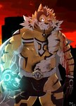 abs anthro blood bodily_fluids bodysuit bulge clothing electricity electricity_manipulation elemental_manipulation eyebrows fur male mask muscular muscular_anthro muscular_male pecs skinsuit solo spandex striped_body striped_fur stripes superhero thick_eyebrows tight_clothing torn_clothing wounded take_tsugu_roh lifewonders live_a_hero ryekie_(live_a_hero) felid mammal pantherine tiger absurd_res hi_res