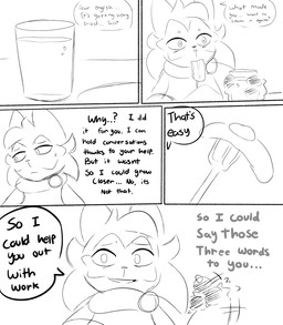 anthro bacon breakfast cutlery dialogue egg female food fork juice kitchen_utensils meat solo text thinking tools waving_hand worried spicykiwi nintendo pokemon tulip_(spicykiwi) floragato generation_9_pokemon pokemon_(species) absurd_res comic english_text hi_res monochrome story