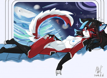 anthro black_body black_fur black_hair breasts detailed_background female fur genitals hair nude red_body red_fur solo vulva white_body white_fur gallen_zhang ara_(fluff-kevlar) domestic_cat felid feline felis mammal hi_res