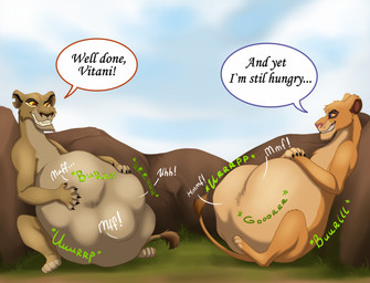 abdominal_bulge belly big_belly digestion duo female female_pred feral feral_pred paws rumbling_stomach same_size_vore text vore priestofjashin disney the_lion_king vitani_(the_lion_king) zira_(the_lion_king) felid lion mammal pantherine digital_media_(artwork) english_text hi_res