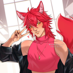 black_clothing black_jacket black_topwear blush clothed clothing crossdressing eyelashes fangs femboy front_view gesture glistening glistening_eyes hair hand_gesture heterochromia jacket jewelry male male_humanoid messy_hair necklace open_clothing open_jacket open_topwear orange_eyes pink_clothing pink_topwear red_hair red_tail solo tail tan_body tan_skin teeth topwear v_sign yellow_eyes demireality animal_humanoid canid canid_humanoid canine canine_humanoid fox_humanoid humanoid mammal mammal_humanoid 1:1 hi_res