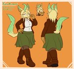 5_fingers anthro big_breasts blonde_hair boots border bottomwear breasts brown_body brown_boots brown_clothing brown_footwear brown_fur brown_legwear brown_shirt brown_stockings brown_topwear clothed clothing female fingers footwear front_view fur green_bottomwear green_clothing green_skirt hair half-closed_eyes hand_on_hip hands_together heart_symbol knee_boots knee_highs legwear looking_at_viewer narrowed_eyes open_clothing open_mouth open_shirt open_topwear orange_background pupils rear_view red_eyes shirt shoes simple_background skirt smile solo stockings topwear white_border white_clothing white_pupils white_shirt white_topwear wide_hips yellow_body yellow_fur felino nintendo pokemon basil_kumani eeveelution generation_4_pokemon leafeon pokemon_(species) 2025 absurd_res hi_res model_sheet
