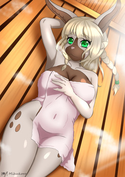 anthro blonde_hair brown_body brown_markings female green_eyes hair markings sauna solo towel white_body mihukoro mushi_(mihukoro) lagomorph leporid mammal rabbit