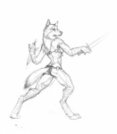 anthro bikini bottomwear clothing dagger digitigrade female furgonomics loincloth melee_weapon simple_background solo swimwear sword tail tail_clothing two-piece_swimsuit warrior weapon white_background wraps scott_ruggels asheru_(setting) asheru canid canine canis mammal wolf absurd_res black_and_white hi_res monochrome sketch