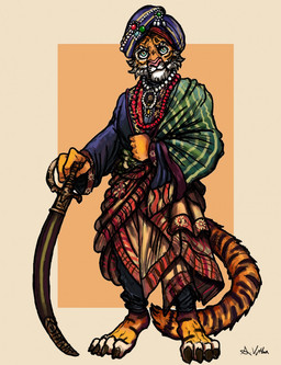 anthro blue_eyes claws clothing digitigrade fantasy fur headgear headwear india indian indian_clothing jewelry male medieval melee_weapon orange_body orange_fur pose religious_clothing religious_headwear royalty smile solo standing striped_body striped_fur stripes sword turban weapon thelivingshadow sikh felid mammal pantherine tiger hi_res pinup