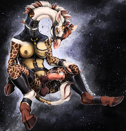 anthro balls bdsm belt bondage bound breasts cuffs_(object) erection fur genitals gynomorph half-erect halter hooves intersex nipple_piercing nipple_ring nipples nude penis piercing ring_piercing simple_background sitting solo tail venlightchaser giraffe giraffid mammal hi_res