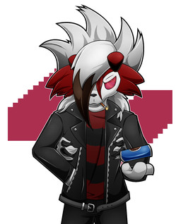 anthro beverage_can cigarette clothed clothing cosplay crossover_cosplay fur jacket leather leather_clothing leather_jacket leather_topwear male multicolored_body multicolored_clothing multicolored_fur multicolored_shirt multicolored_topwear open_clothing open_topwear pattern_clothing pattern_shirt pattern_topwear red_body red_clothing red_fur red_shirt red_topwear shirt smoking solo striped_clothing striped_shirt striped_topwear stripes topwear white_body white_fur dusky_fox aggretsuko nintendo pokemon sanrio haida_(aggretsuko) canid canine generation_7_pokemon lycanroc mammal midnight_lycanroc pokemon_(species) crossover