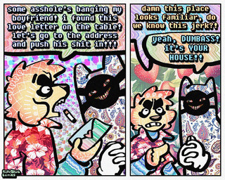 2_panel_comic aloha_shirt anthro cartoon_gloves cigarette cigarette_in_mouth clothing dialogue floppy_ears half-closed_eyes humor male mask narrowed_eyes object_in_mouth pattern_clothing pattern_shirt pattern_topwear shirt smoking_tobacco solo speech_bubble text topwear rawdawgcomics julian_(rawdawgcomics) stahli_(rawdawgcomics) ambiguous_species bird_dog canid canine canis domestic_dog golden_retriever hunting_dog mammal retriever 5:4 comic english_text