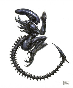 black_body breasts butt curled_up exoskeleton female fetal_pose glossy_body long_nails side_view solo spiked_tail spikes spikes_(anatomy) spines tail kory_cromie alien_(franchise) alien humanoid xenomorph 5:6 hi_res