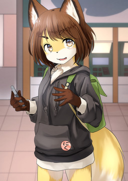 anthro backpack blush breasts brown_body brown_ears brown_fur chest_tuft clothed clothing female fluffy fluffy_tail fur hair holding_object japanese kemono looking_at_viewer multicolored_body multicolored_fur open_mouth short_hair small_breasts solo standing sweater tail tan_body tan_fur tan_tail topwear tuft two_tone_tail white_body white_fur white_tail young young_anthro kagarimachi_ame canid canine fox mammal 2019 hi_res portrait three-quarter_portrait
