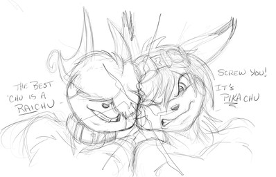 anthro collar dialogue duo eyewear eyewear_on_head goggles goggles_on_head hair hair_over_eyes male one_eye_closed smile text kencougr nintendo pokemon busbar generation_1_pokemon pikachu pokemon_(species) raichu english_text monochrome